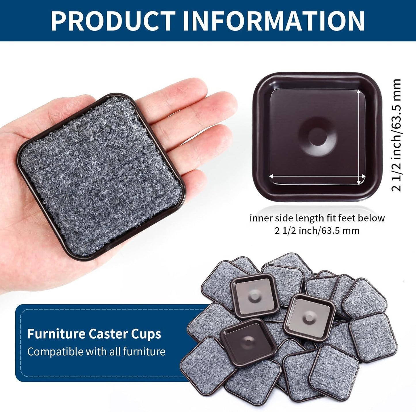 Ezprotekt 2 1/2" Square Reusable Felt Furniture Caster Cups with Carpet Bottom, 16 Pcs Felt Furniture Sliders Floor Protectors Pads to Protect Hardwood, Tile or Floors from Scratches (Brown/Gray)