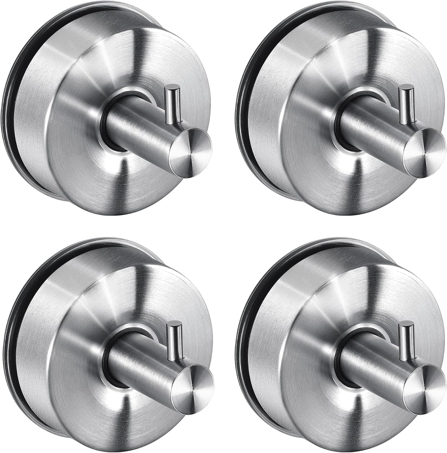 JOMOLA Brushed Stainless Steel Shower & Bathroom Hooks - No Drill Adhesive-Free Suction Cup Hardware, Rustproof Waterproof Metal Wall Mount for Towel Robe, Damage-Free (4-Pack)