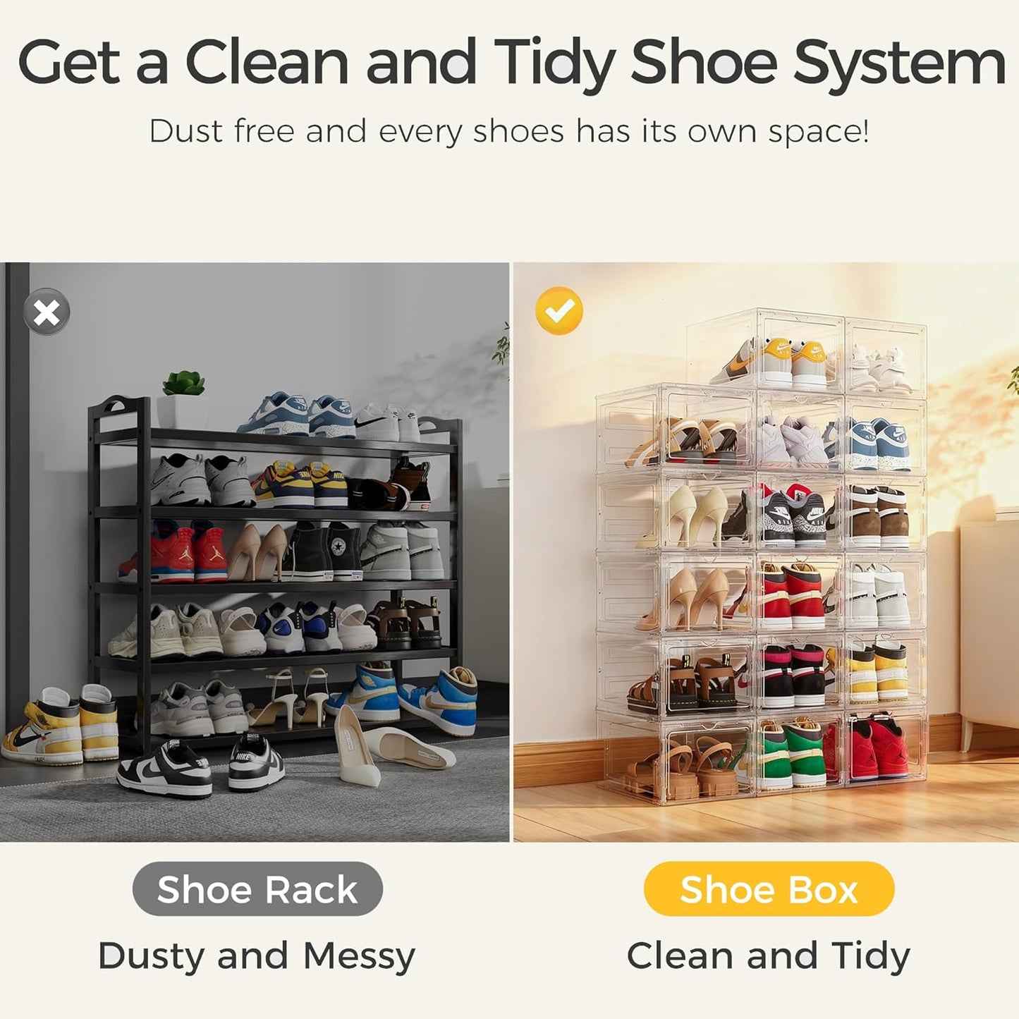 Pinkpum Upgraded Hard Shoe Storage Box 12 Pack X-Large Fit Size 12, Thicken & Sturdy Clear Plastic Stackable Shoe Organizer Box Closet, Sneaker Storage Display Case Holder Bins with Magnetic Door