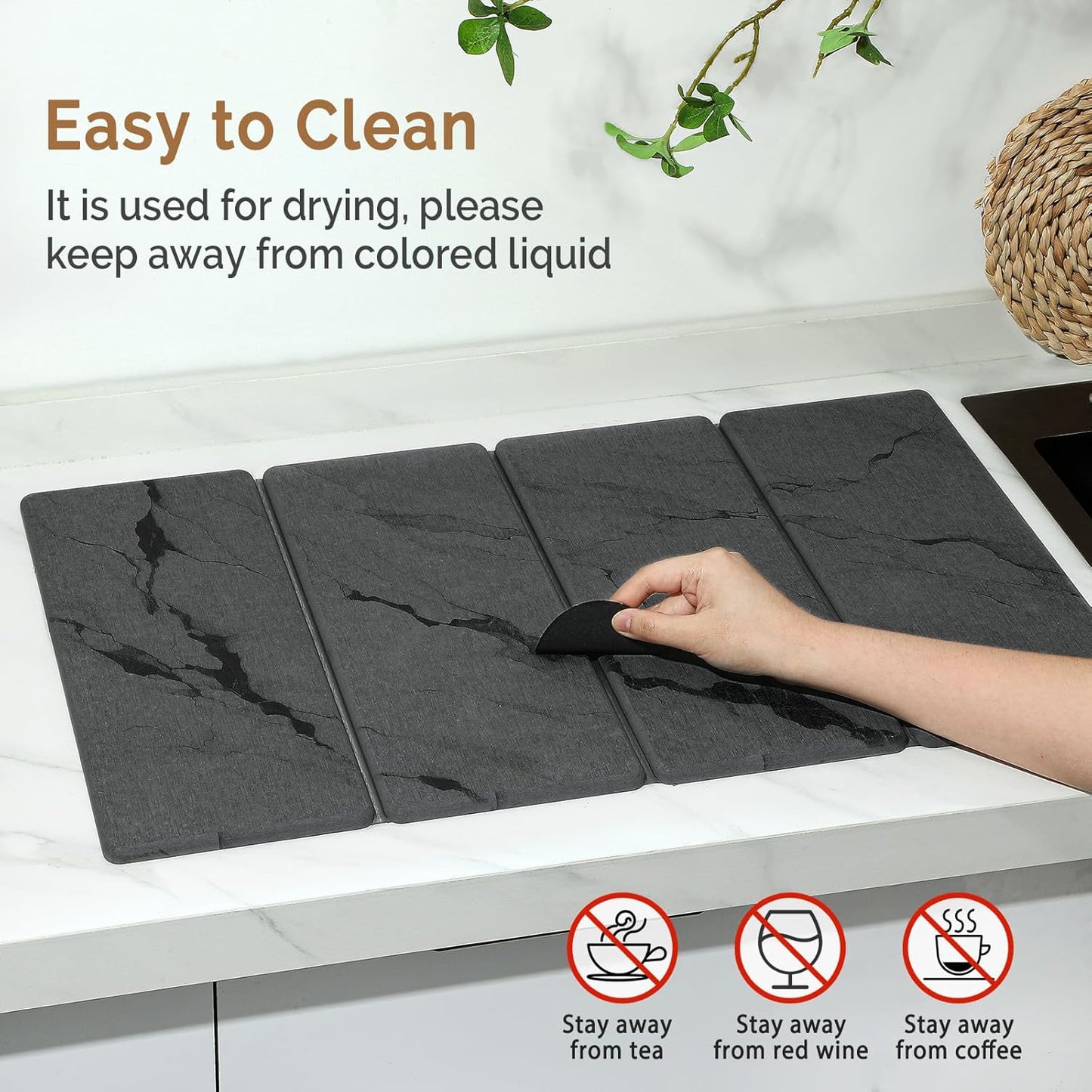 2 PCS Large Stone Dish Drying Mat for Kitchen Counter Quick Dry Stone Dishes Mats Marbled Water Absorbing Diatomaceous Earth Drying Pad for Countertop Bottles Utensils Cups (Dark gray 24"x16"&8"x4")