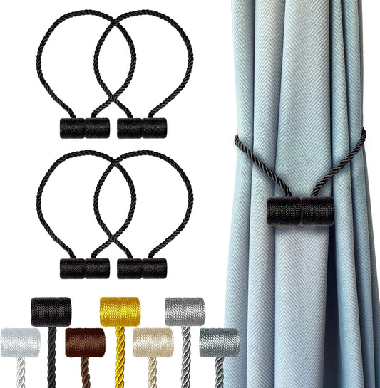 Hion Magnetic Curtain Tiebacks Black 4 Pack, Curtain Tiebacks Buckles Holdbacks Holders Hooks Clip for Home Bedroom Office Decorative Thick or Thin Curtain
