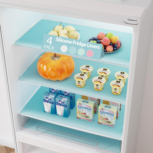 GOYLSER Food-Grade Silicone Refrigerator Liners for Shelves, 4Pack Easy Clean Fridge Liners Groove Design Spill Protection, 17.7"x11.8" Non Adhesive Refrigerator Shelf Mats Drawer Liners, Blue