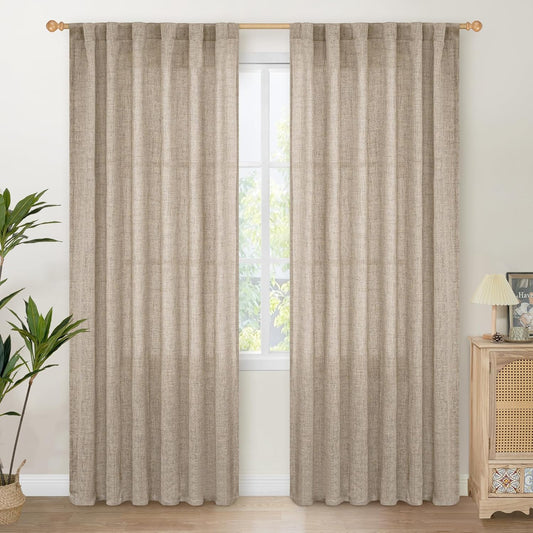 YoungsTex Dark Oatmeal Linen Semi Sheer Curtains 80 Inch Length for Living Room, Light Filtering Window Treatments Drapes with Rod Pocket Back Tab for Bedroom, 2 Panels, 52 X 80 Inch