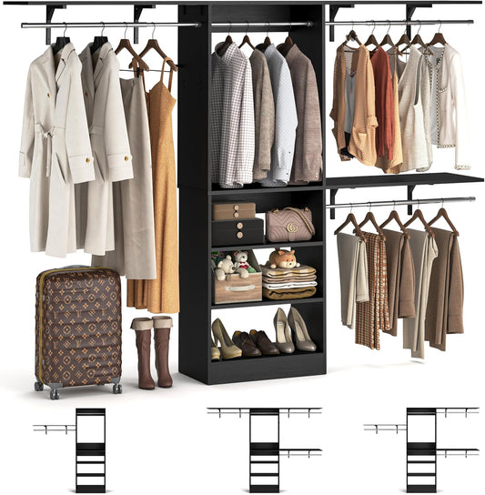 8FT Closet System with Shelves, 96'' Closet Organizer System with 3 Hanging Rods, Wall Mount Bedroom Wardrobe Walk-in Closet, Adjustable Cloth Garment Rack from 5 to 8FT (Cut to Fit), Black