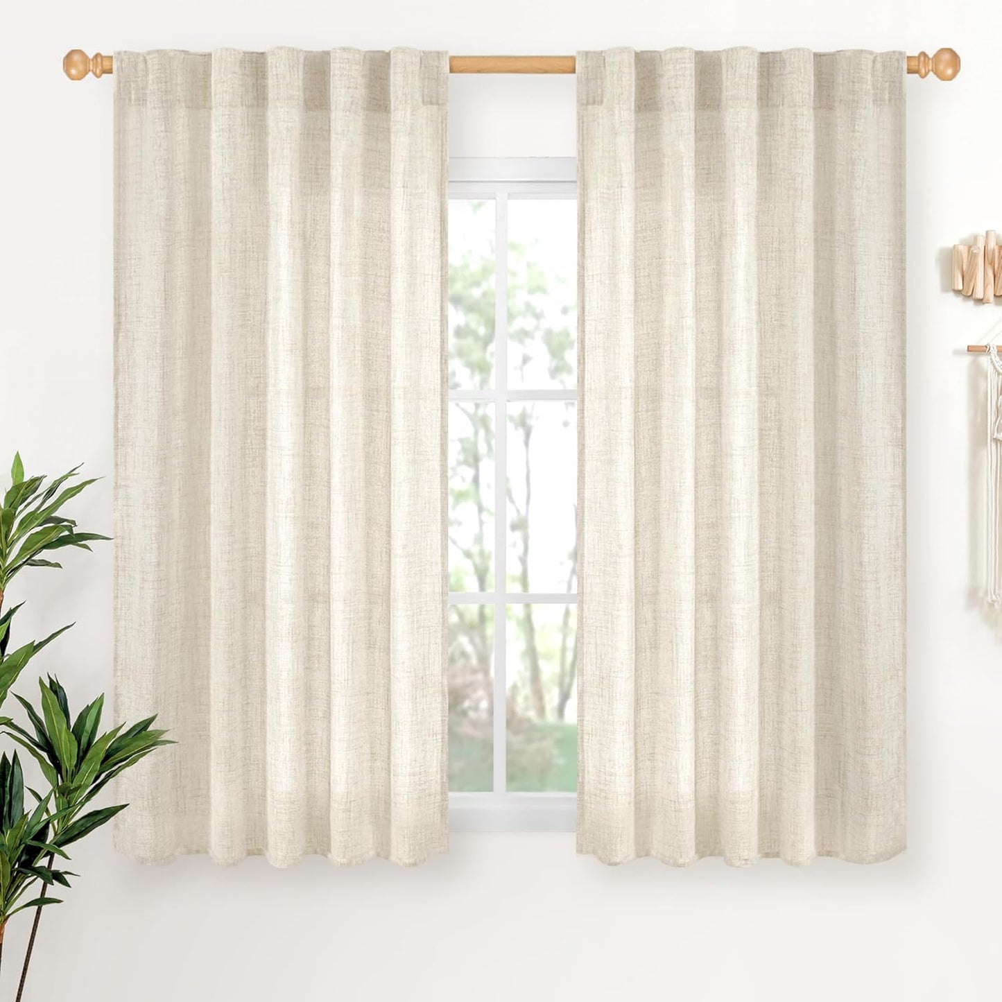 YoungsTex Linen Curtains 45 Inch Length for Kitchen Window, Cream Short Semi Sheer Drapes with Rod Pocket Back Tab Light Filtering Textured for Living Room Bedroom Bathroom, 2 Panels, 42 X 45 Inch