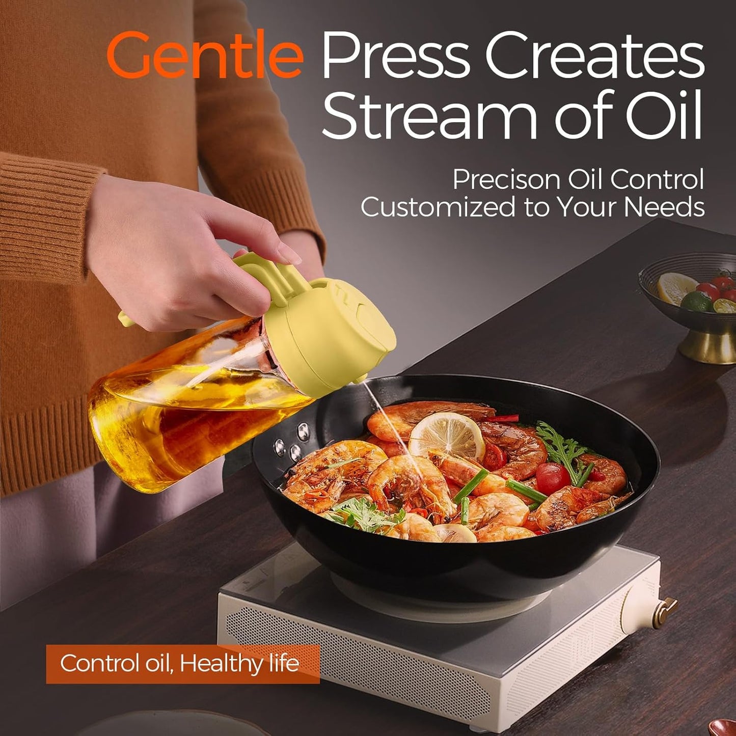 YARRAMATE 16oz/470ml Glass Olive Oil Sprayer for Cooking with Stickers, 2 in 1 Oil Dispenser for Kitchen Gadgets, Food Grade Premium Spray Bottle for Salad, Frying, BBQ (Pomelo)