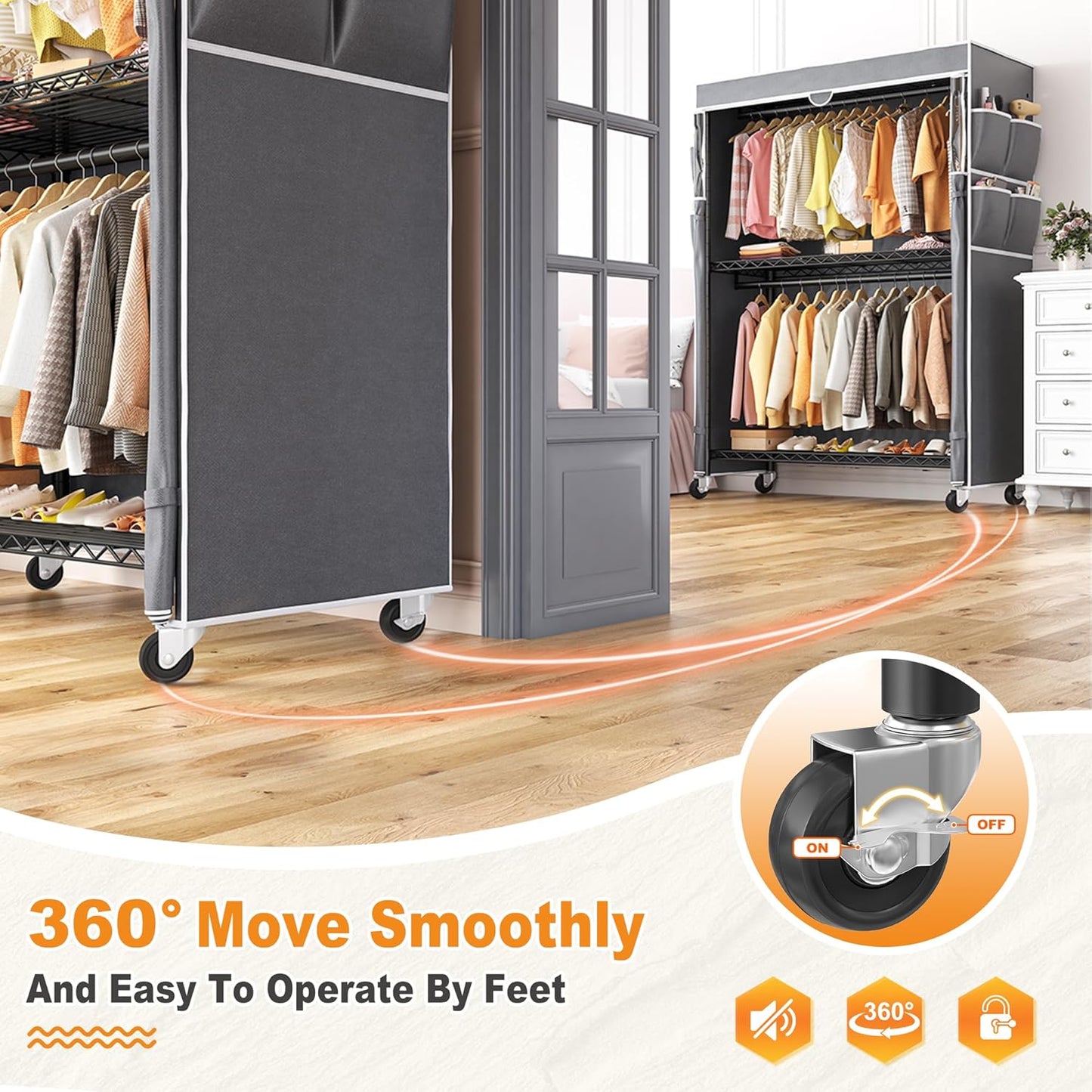 Raybee Clothes Rack with Cover, 81" H Clothing Racks for Hanging Clothes, Portable with Wheels and Adjustable Feets, Max Load 440LBS, Black