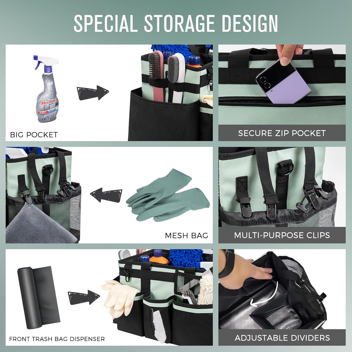 Wearable Cleaning Caddy, Cleaning Caddy Supplies Organizer with Handle & Shoulder Straps for Housekeepers, Under Sink & Car Cleaning Tool Organizers Bag with 4 Foldable Divider (Celadon)