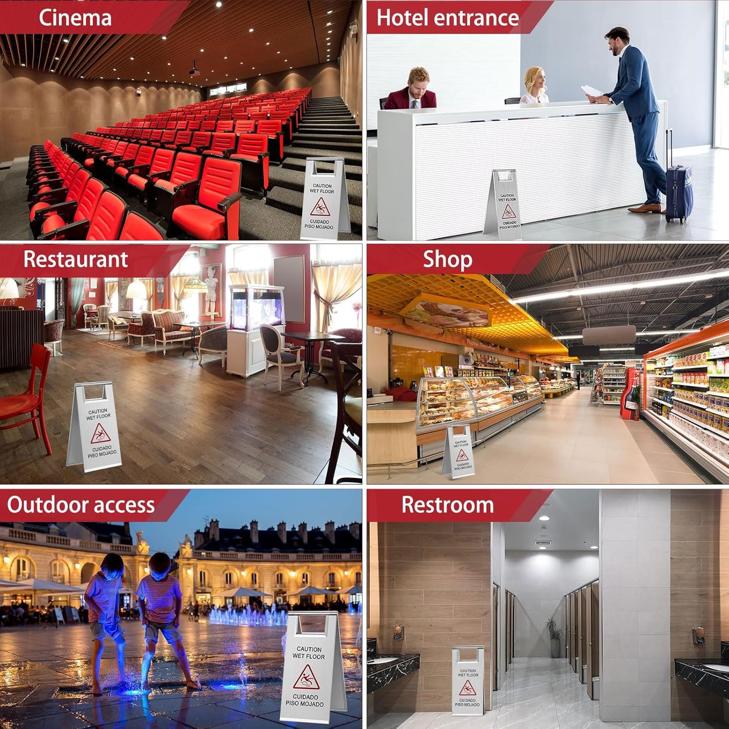 Kigley 2 Pcs Wet Floor Sign, 17 Inch Stainless Steel Caution Wet Floor Sign Double Sided Portable Foldable Bilingual Safety Warning for Hotel Market Restroom Restaurant Office (Silver)