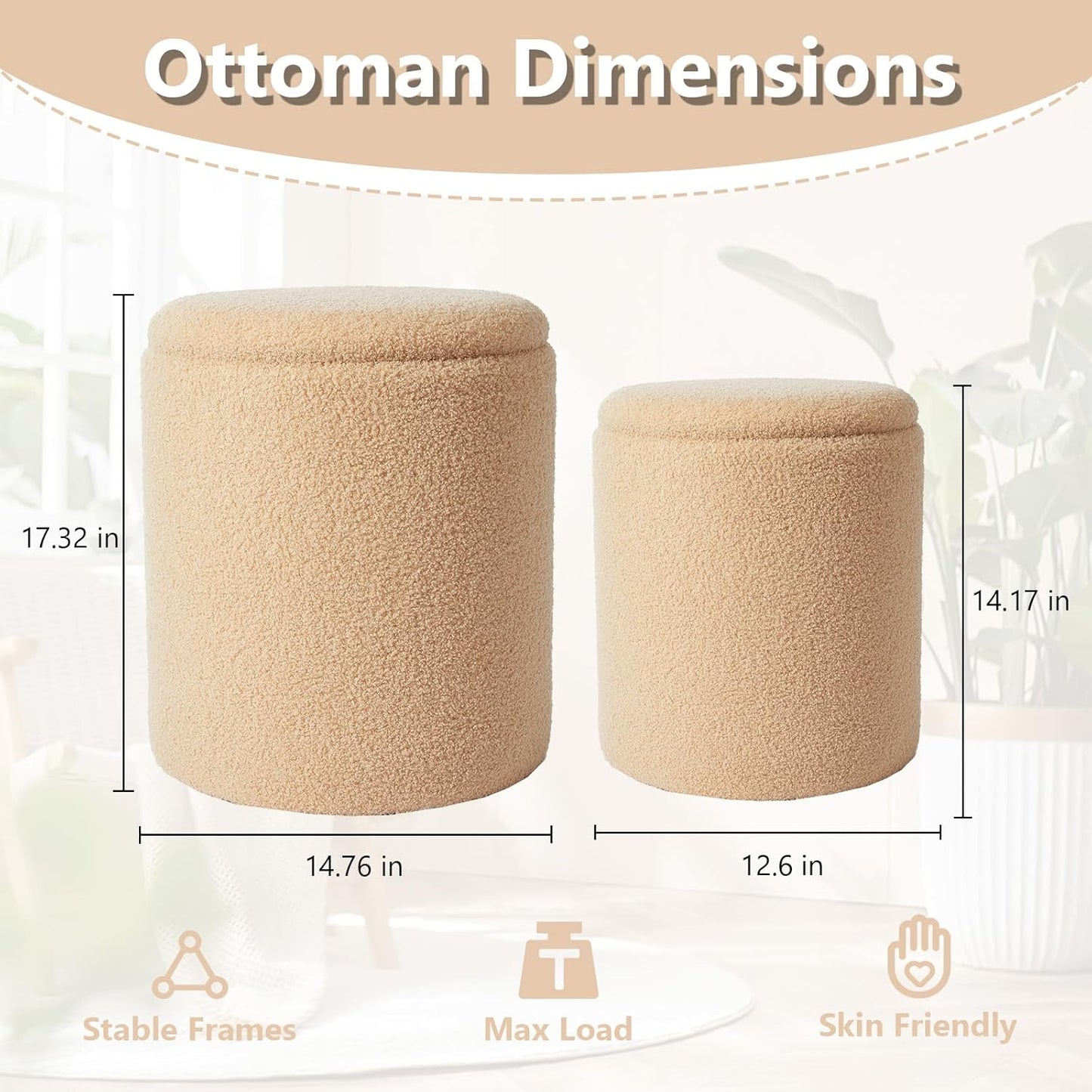 Boucle Round Ottoman with Storage Set of 2,Small Foot Stool Ottoman for Living Room, Small Coffee Table,Vanity Stool with Storage for Bedroom, Beige