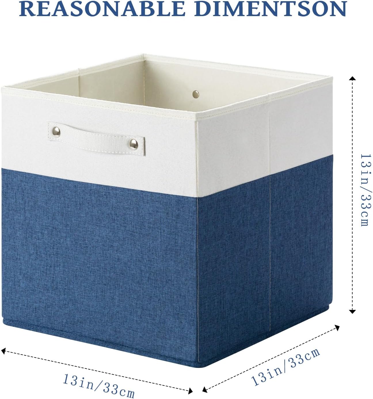 13 x 13 Inch Fine Linen Storage Bins with Handles，Fabric Cube Boxs，Collapsible Basket Organizers for Shelves for Home, Closet Drawers (White/Blue-6 Pack)