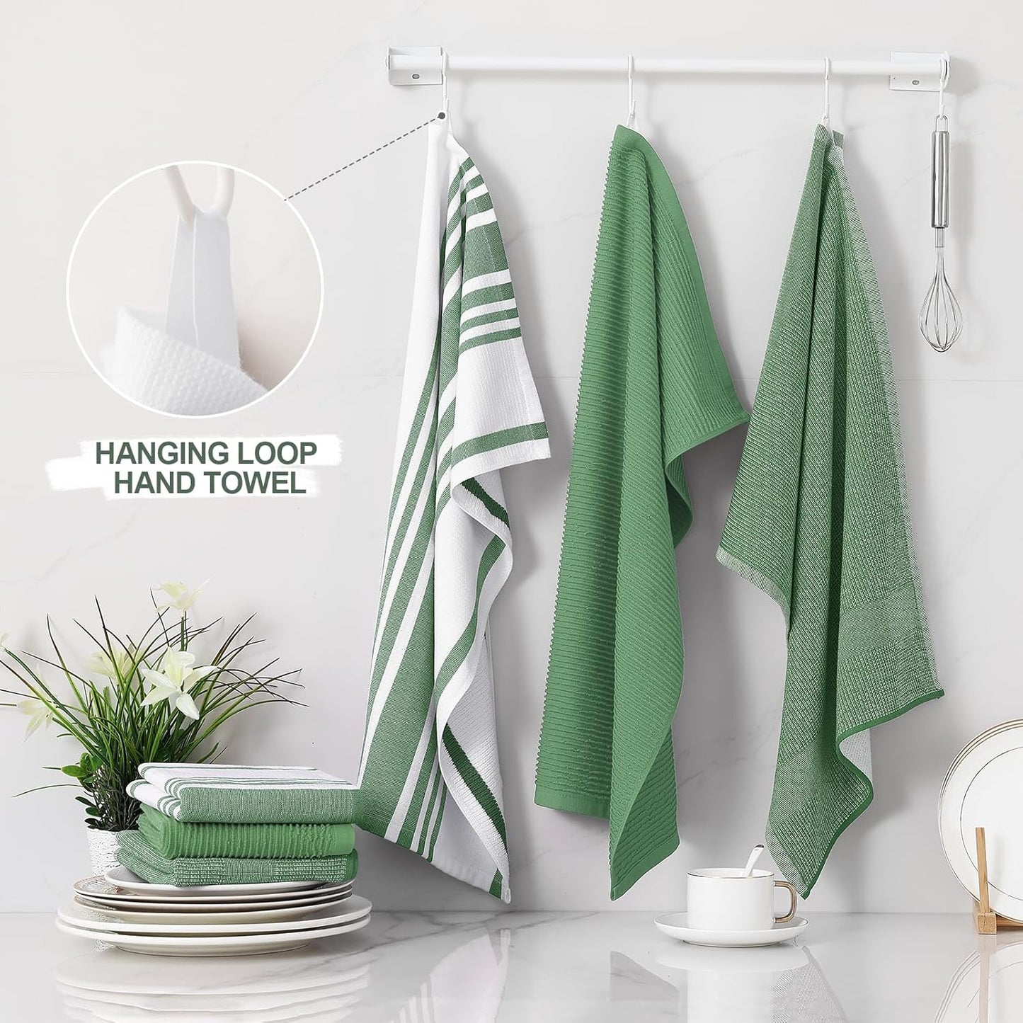 Homaxy Premium Kitchen Towels(18”x 28”, 9 Pack), Large Cotton 380 GSM Kitchen Hand Towels, Soft and Absorbent Terry Dish Towels, Multipurpose Tea Towel Set with Hanging Loop, Grass Green