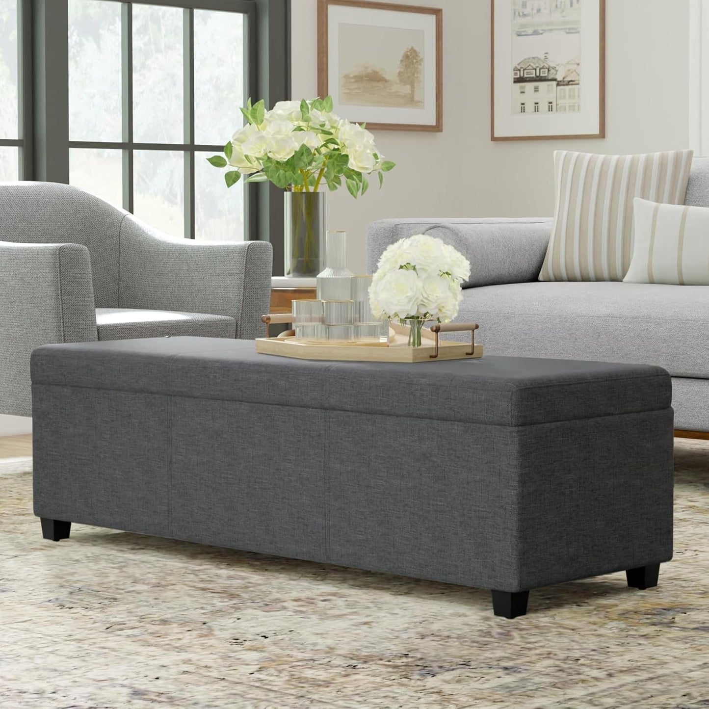 SIMPLIHOME Avalon 54 inch Wide Contemporary Rectangle Extra Large Storage Ottoman Bench in Slate Grey Polyester linen fabric, Assembled, For the Living Room, Entryway and Family Room