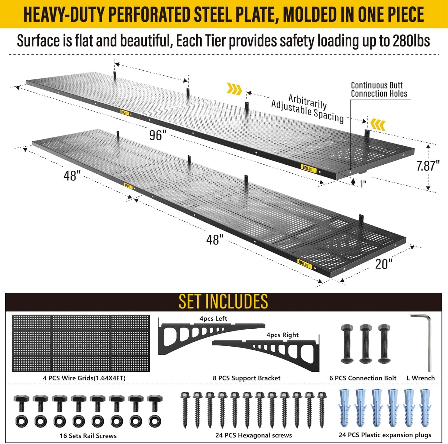4Pack 1.64x4ft Adjustable Metal Garage Wall Shelving Heavy Duty Garage Storage Shelf Wall Mounted Black