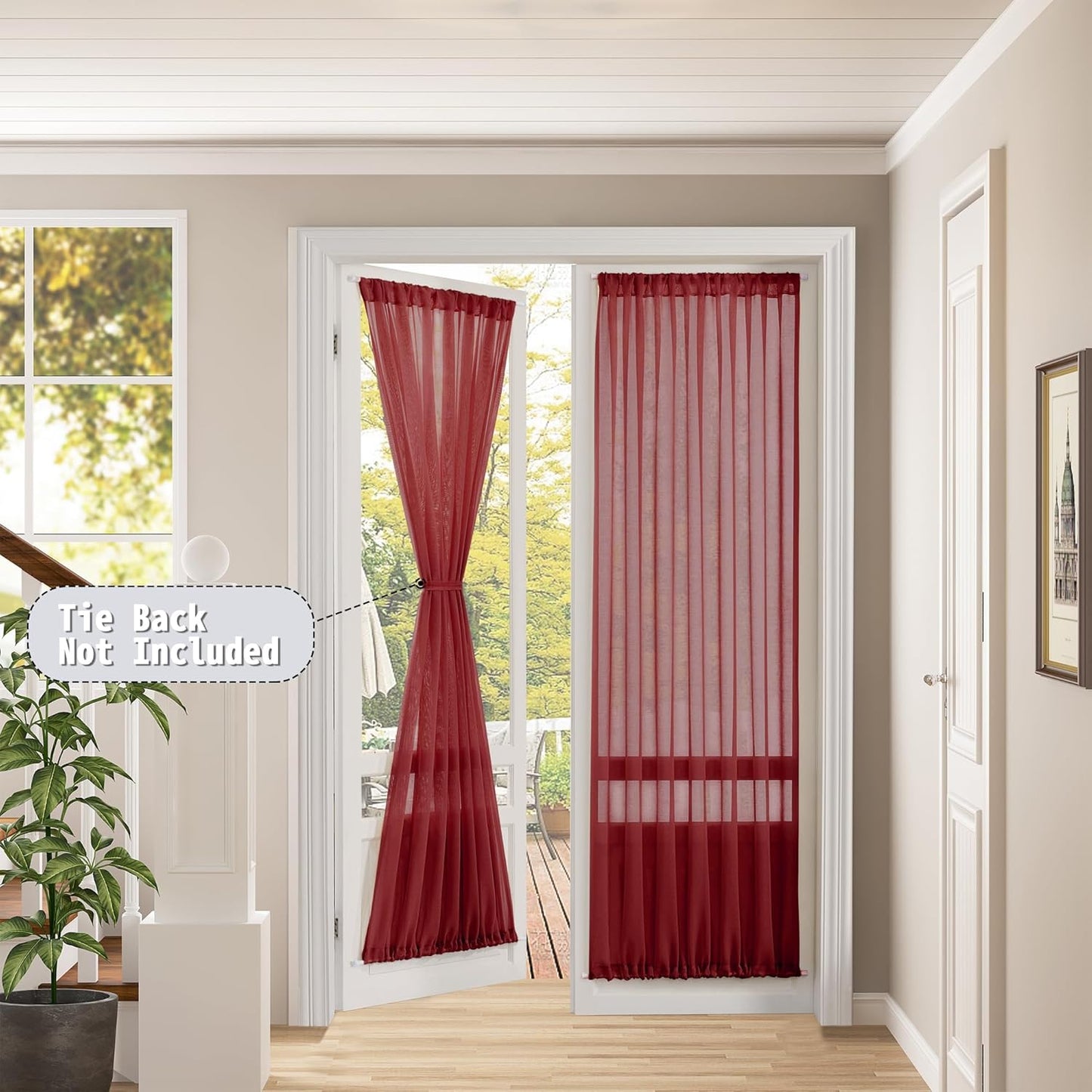 Tollpiz Sheer Door Curtain Closet Linen Textured Curtain Sheers Doorway Light Filtering Voile French Doors Rod Pocket Curtains Patio Glass Door, 25 x 80 inches Long, Burgundy Red, Set of 1 Panel