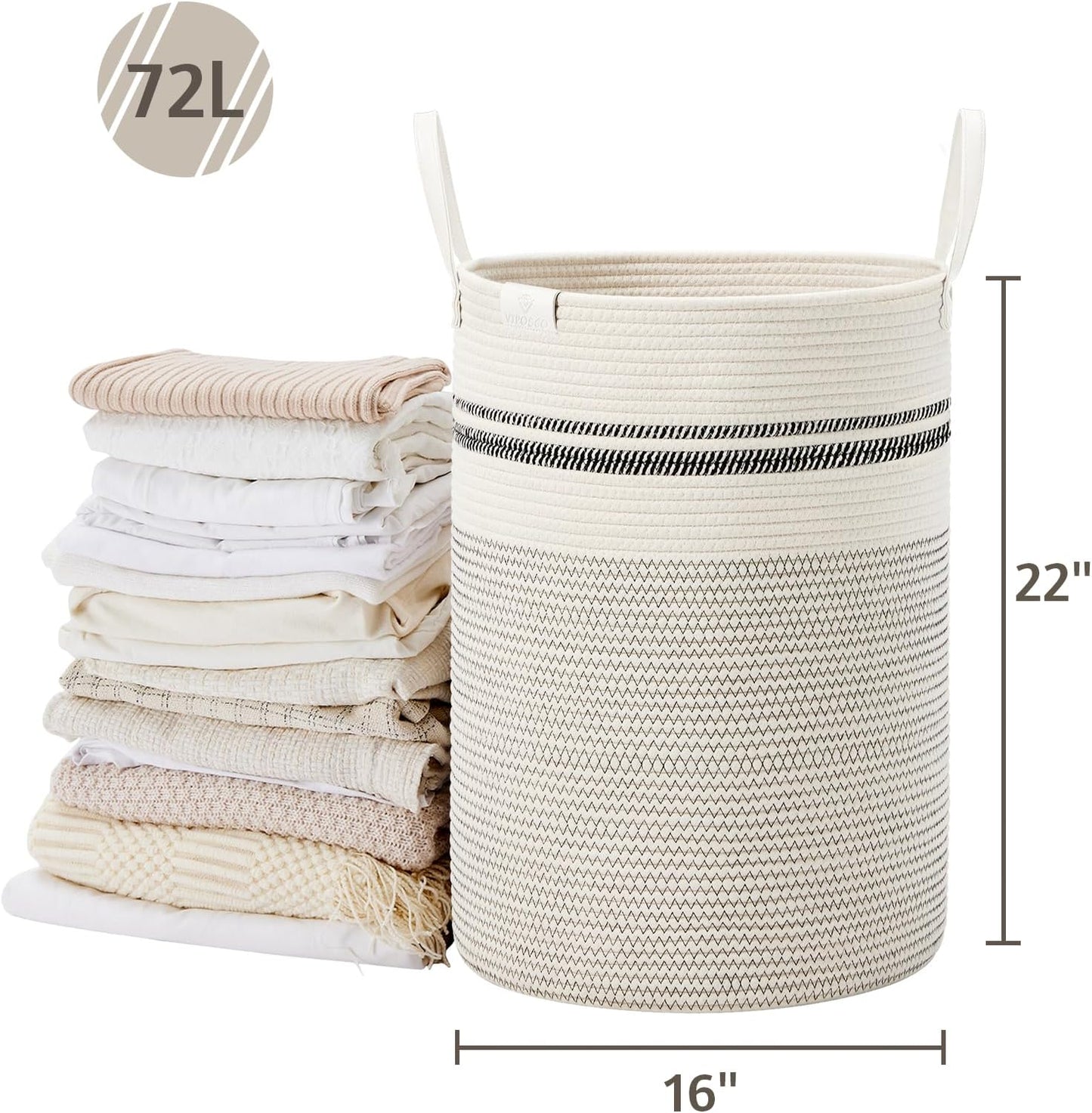 VIPOSCO Tall Laundry Basket, Large Dirty Clothes Hamper with Leather Handle, Woven Rope Storage Basket for Blanket, Toy In Living Room, Bathroom, Bedroom - 72L Stripe White