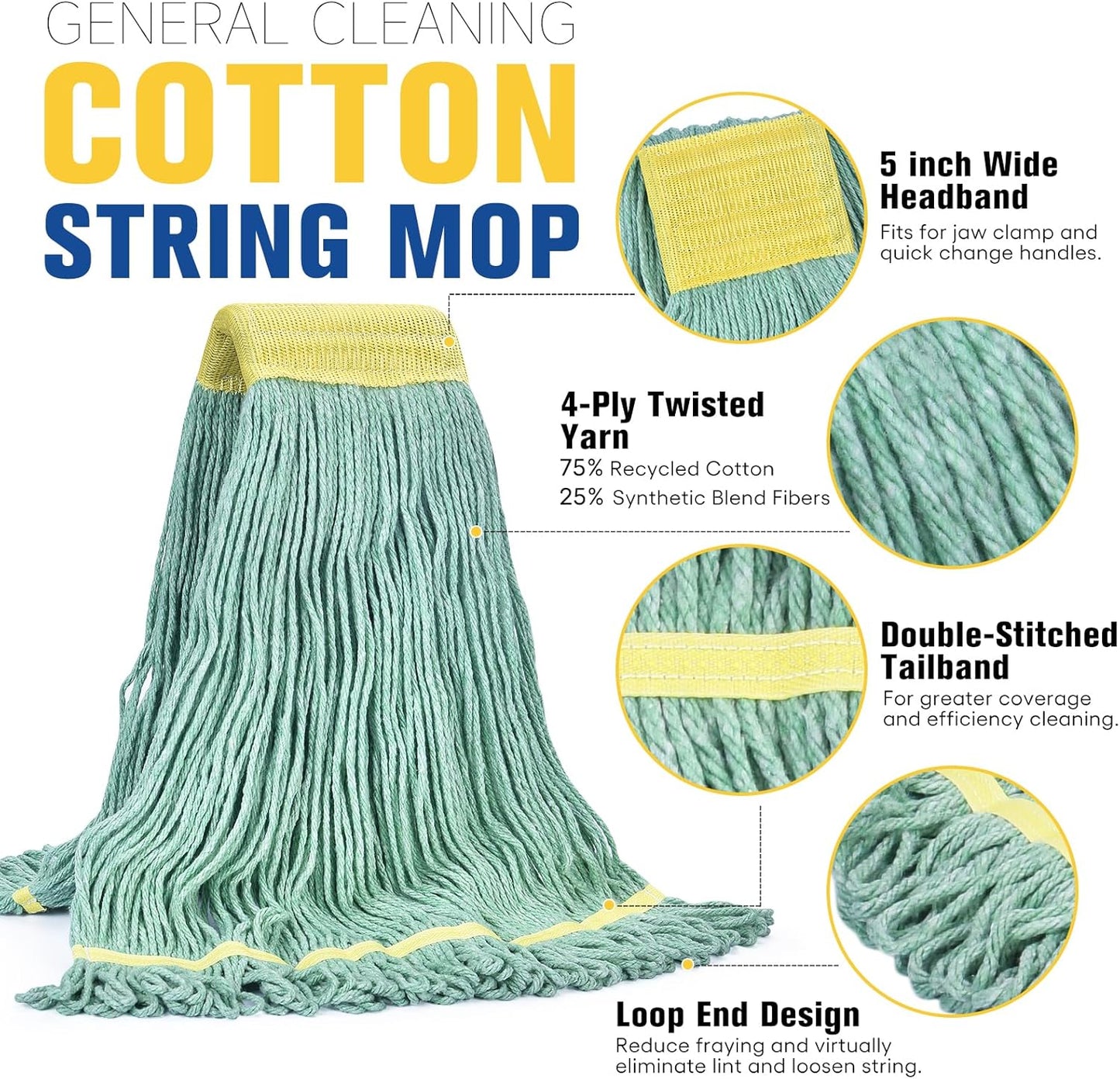 Matthew Cleaning Commercial Mop Head Replacement, 5 Inch Wide Headband, Looped End Cotton Blend String Wet Mops for Floor Cleaning, 18 oz Medium, Case Pack 12 Pcs Green