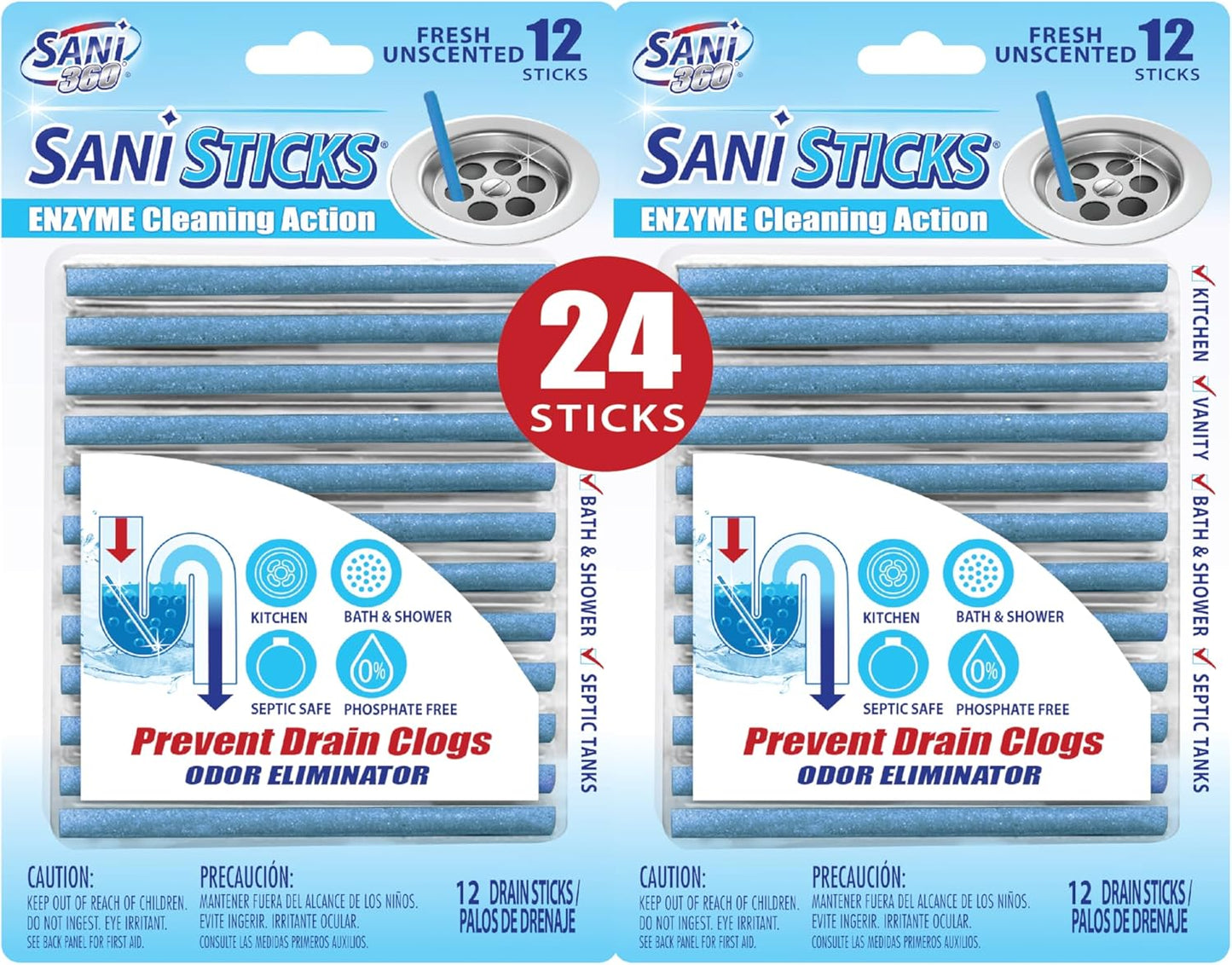 SANI 360° Sani Sticks Drain Cleaner and Deodorizer, 24 Count, Unscented Enzyme Pipe Cleaners, Eliminate Odors, Prevent Clogged Drains, Safe for Sinks, Bathtub Drains, Septic Tanks