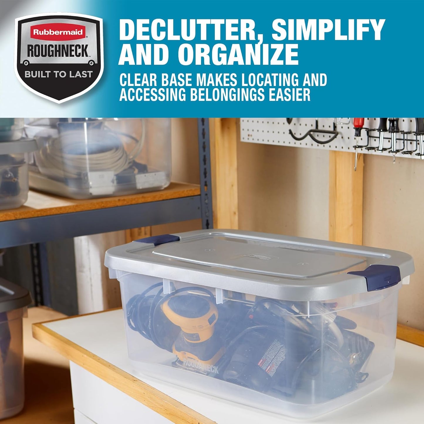 Rubbermaid Roughneck Clear 50 Qt/12 Gal Storage Containers, Pack of 5 with Latching Grey Lids, Visible Base, Sturdy and Stackable, Great for Storage and Organization