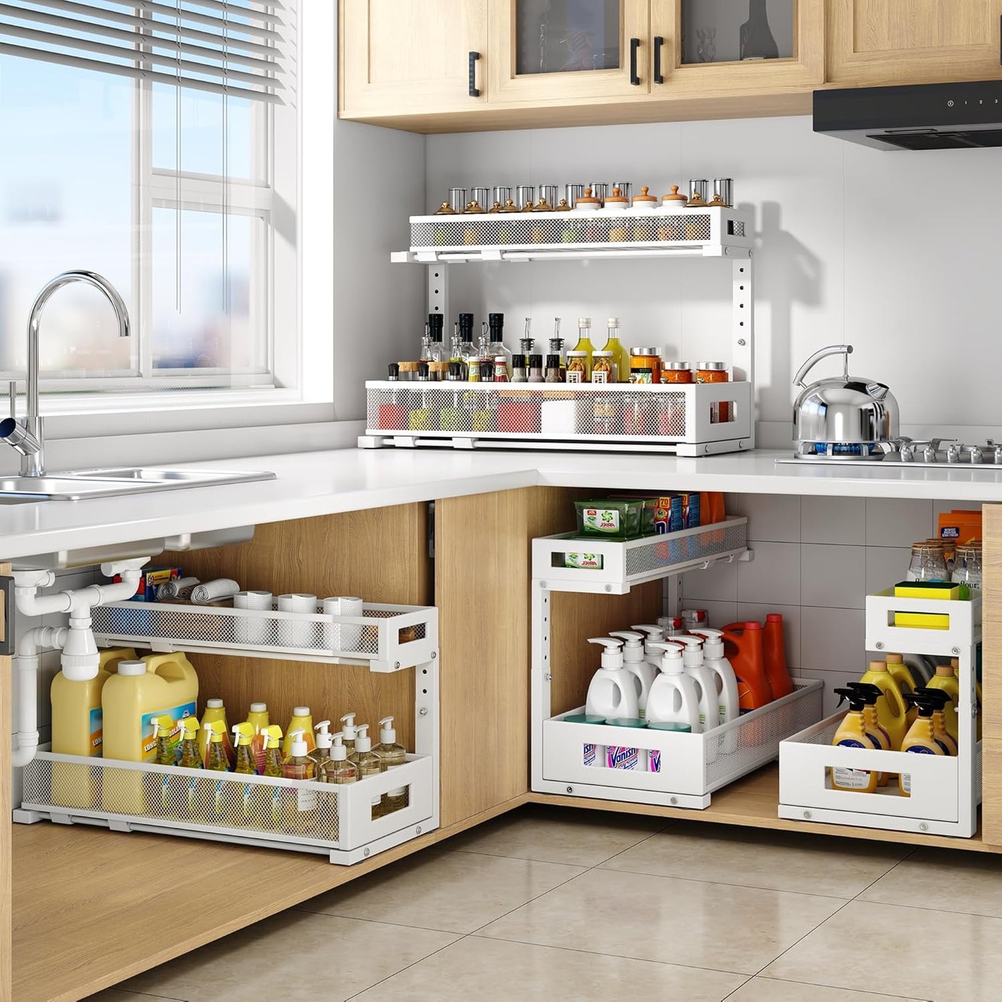 2 Pack 20.47IN Depth Under Sink Storage Organizer, Large 2-Tier Elegant Mesh Pull Out Shelf for Kitchen and Bathroom Cabinet Organization, L-Shaped and Adjustable Height Design-White