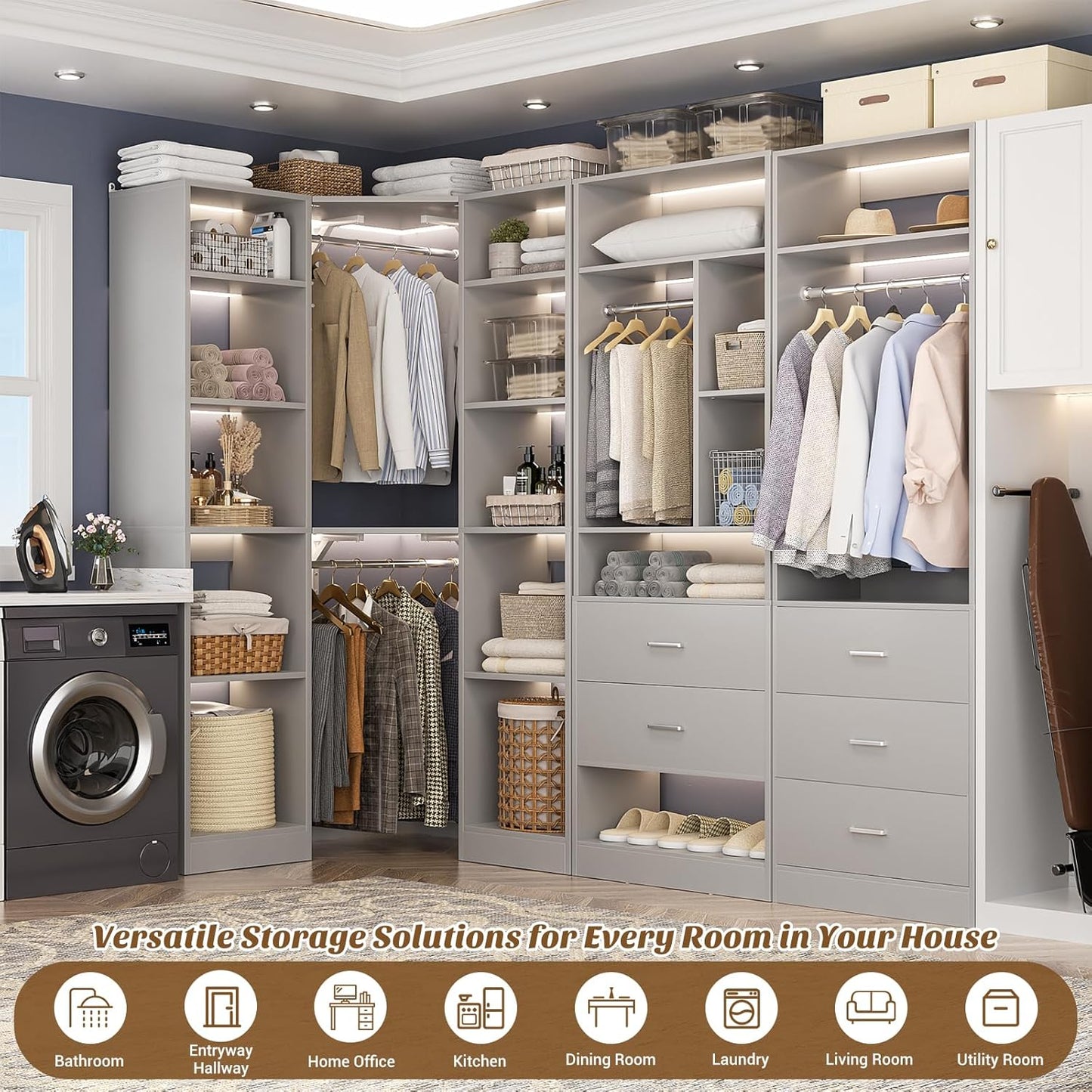 Corner Closet System with 5 Drawers, Closet Organizer System with 15+Shelvess & 4 Hanging Rods, 63.2"L * 63.2"W / 87.2"L * 39.2"W Reversible L Shaped Walk-in Closets, Load 2500+LBS, Grey