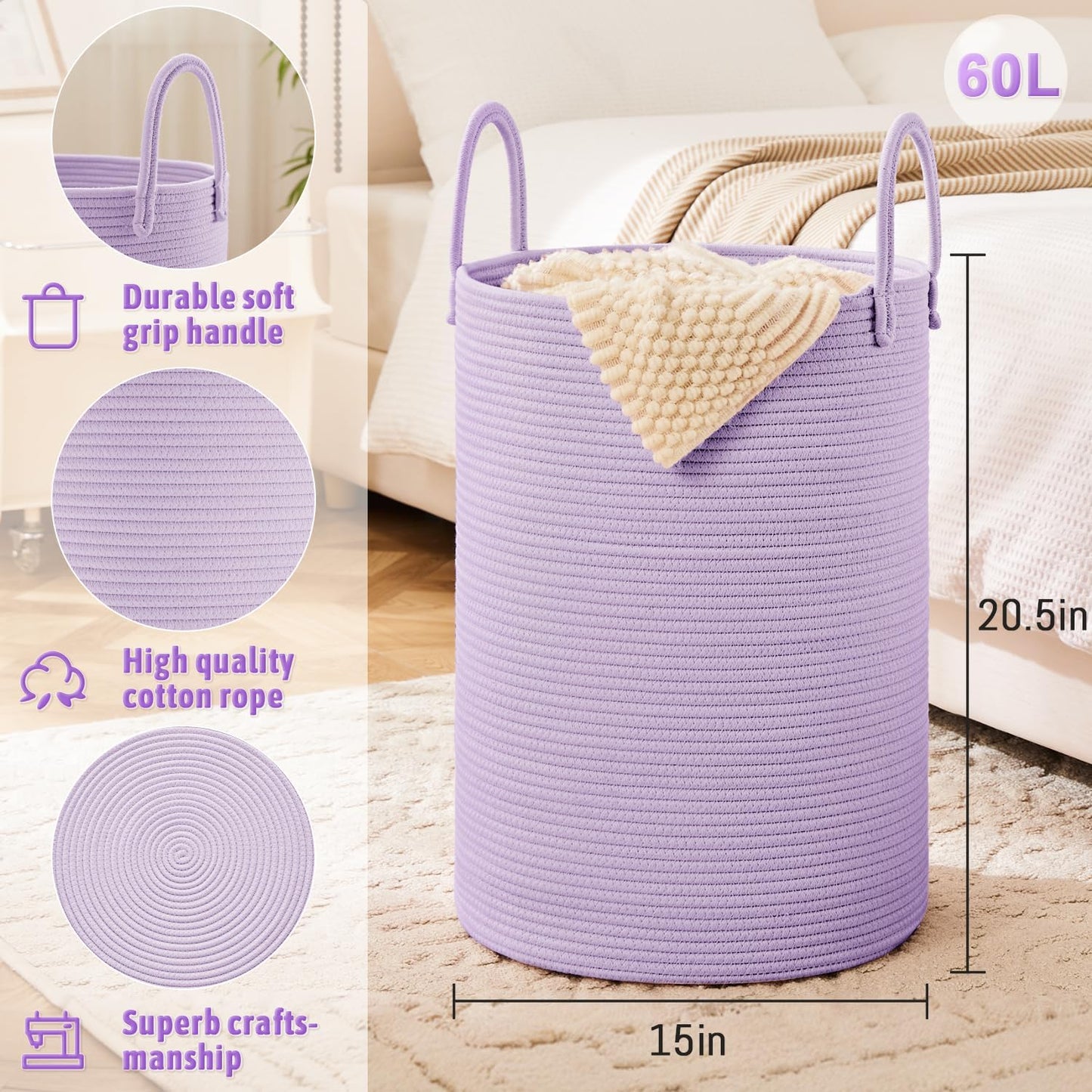 Laundry Basket,Woven Cotton Rope Laundry Hamper,60L for Decorative Storage of Dirty Clothes,Toys and Blankets in Bathroom,Baby Room and Living Room