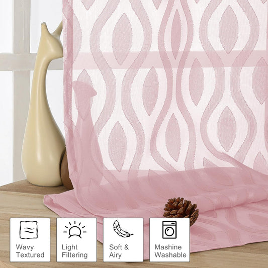 Aiyufeng Pink Sheer Curtains 2 Panels 54 Inch Length, Soft Lightweight Clip Jacquard Textured Blush Curtains for Bedroom Living Room, Modern Wavy Line Solid Voile Sheer Drapes, 40" Wx54 L Inches