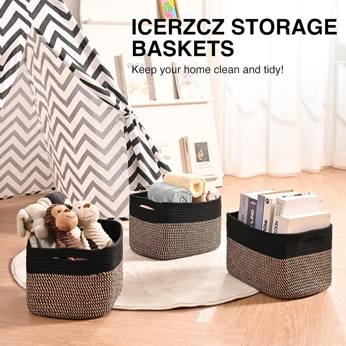 Storage Baskets for Shelves Organizing, Woven Cotton Rope Baskets for Storage, Book Basket, Decorative Shelf Basket, 12.5"Lx9.1''Wx7.9''H (4 Packs) Black & Jute
