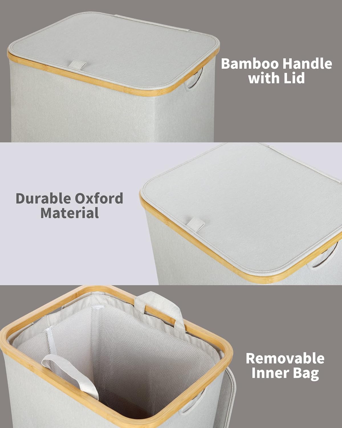 efluky Laundry Basket with Lid and Removable Bag, 100L Tall Laundry Hamper with Bamboo Handles, Aesthetic Dirty Clothes Bin for Laundry Room, Bathroom, Bedroom and Dorm, Light Grey