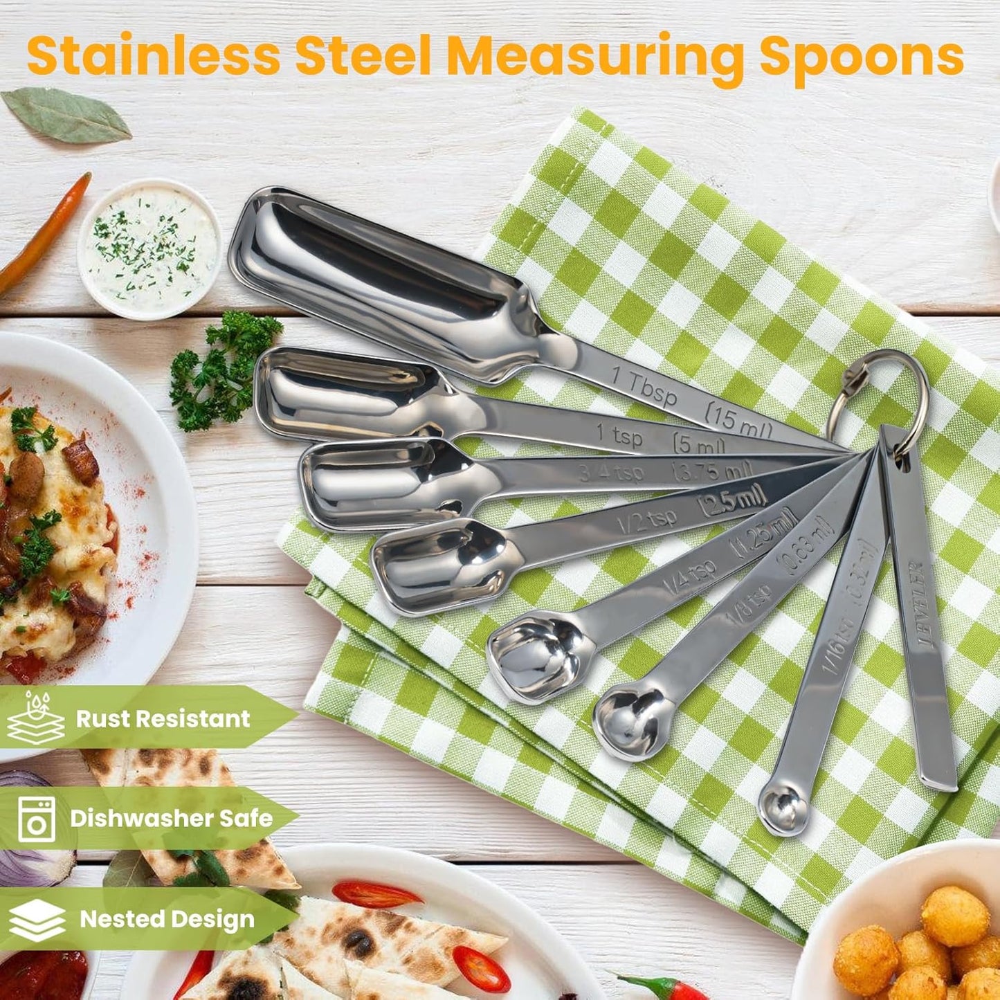Stainless Steel Measuring Spoons Set of 8, Rectangular Metal Measuring Spoons with Leveler, Compact Spoons Design for Narrow Spice Jars, Teaspoon & Tablespoon Spoons for Dry & Liquid Ingredients