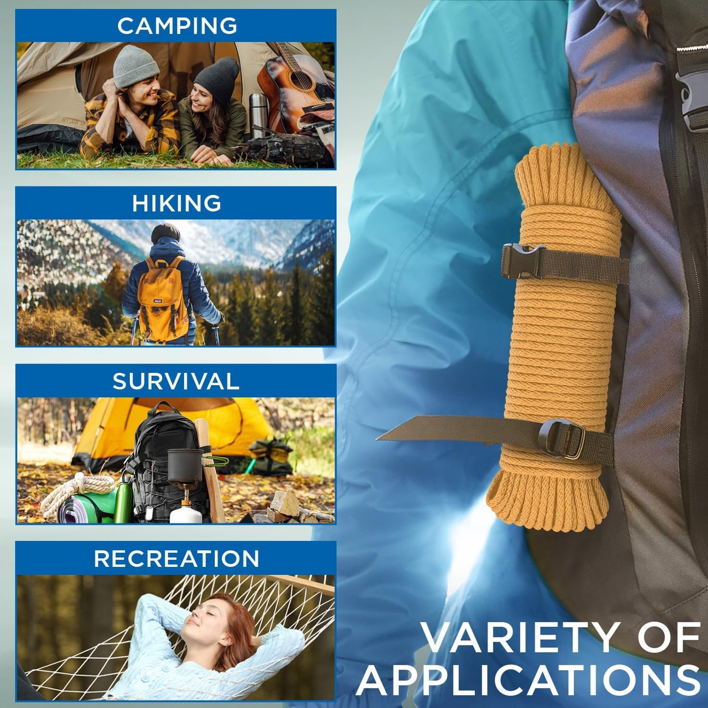 TECEUM Cotton Rope 3/16” (5 mm) – 50 FT – Strong All-Purpose Braided Rope – Natural Cotton – for Crafting, Сamping, Clothes Line, DIY, Indoor & Outdoor Use – Honey