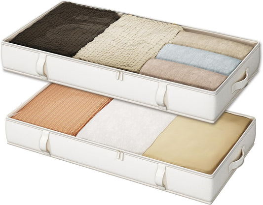 Vailando Under Bed Storage Containers, Underbed Storage Bins with 6 Inches Tall, Clothes Storage Box with Sturdy Handles and Sidewalls, Beige, 2-Pack
