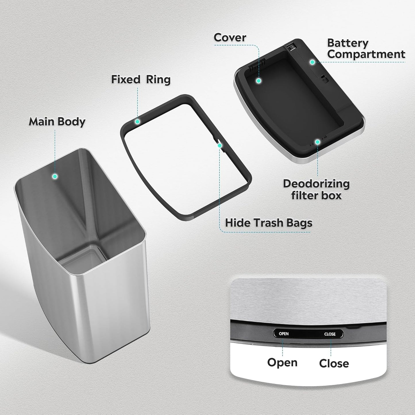 WLIVE 16 Gallon Motion Sensor Trash Can, 60 Liter Automatic Kitchen Trash Can with Soft Close Lid, Touchless Electronic Smart Stainless Steel Waste Bin for Kitchen, Office, Silver