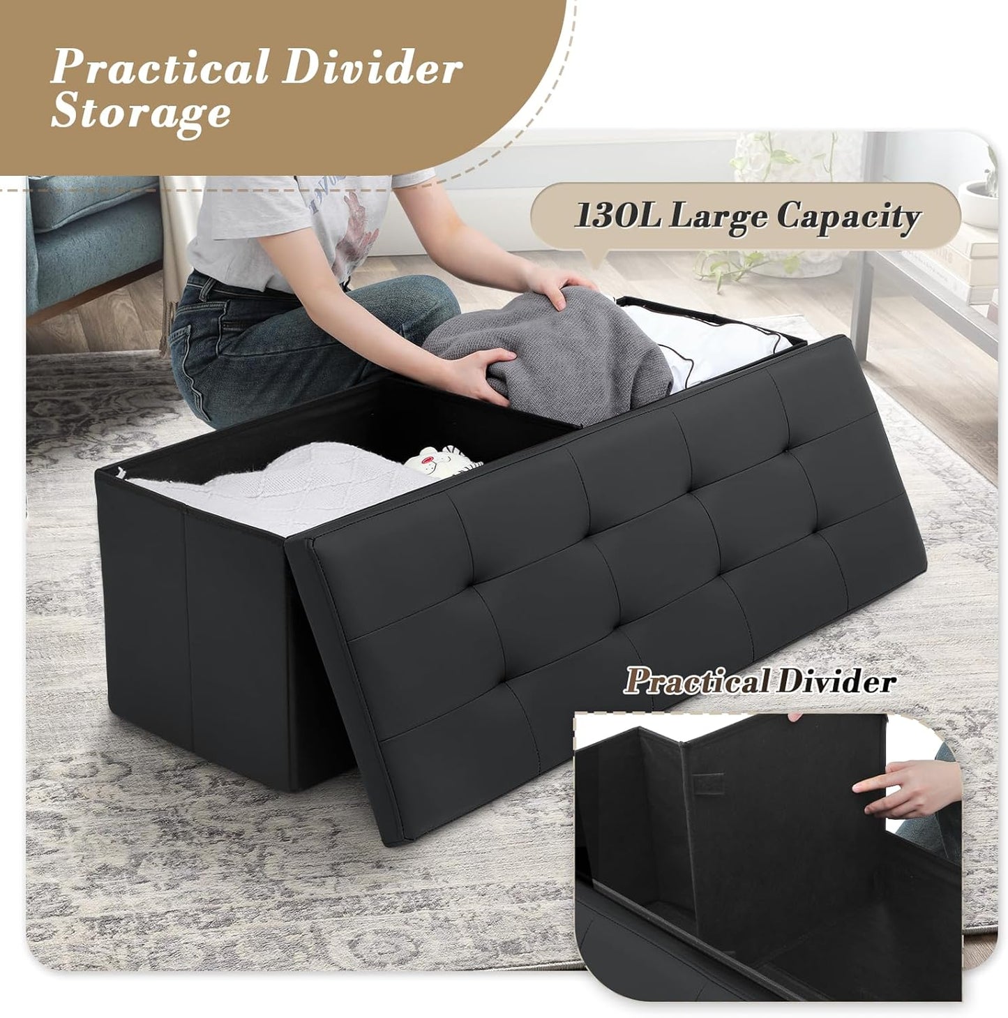 Athena Collection 43" Storage Ottoman Bench Folding Bench with 130L Hidden Storage, Large End of Bed Bench PU Leather Foot Rest Stool Chest with Flipping Lid for Living Room, Bedroom, Entryway, Black