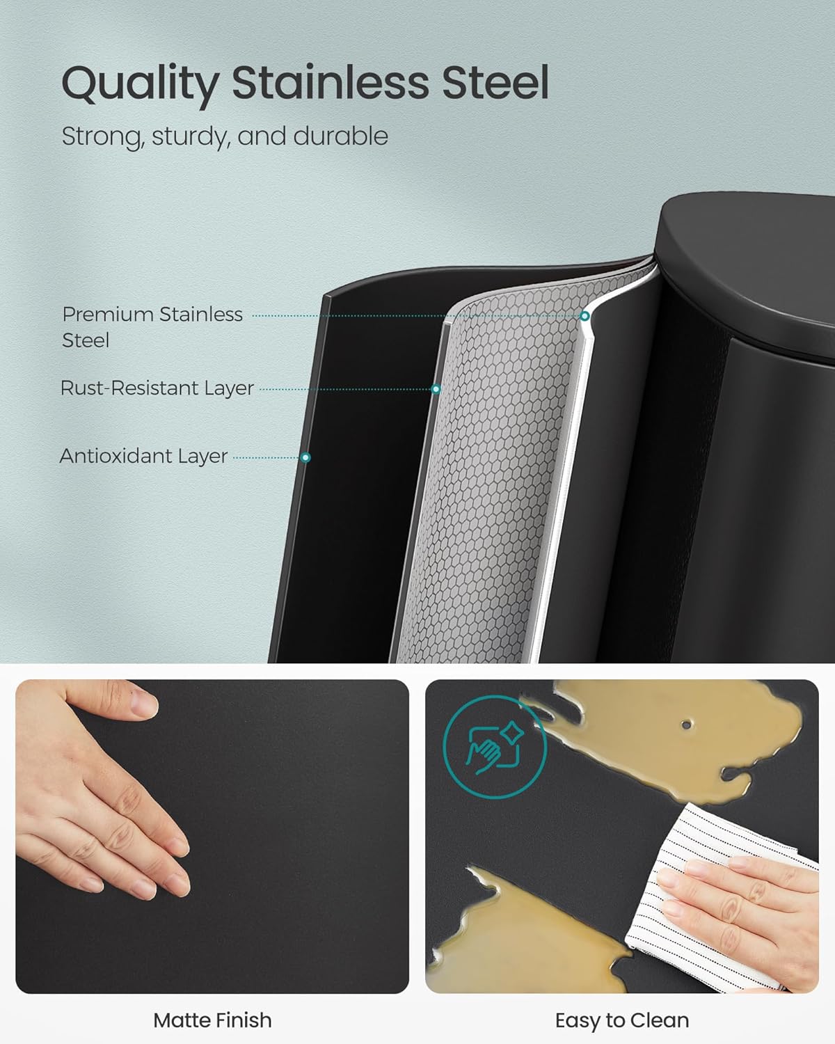 SONGMICS 13 Gallon (50 L) Trash Can, Stainless Steel Kitchen Garbage Can, Recycling or Waste Bin, Soft Close, Step-On Pedal, Removable Inner Bucket, Black ULTB050B01