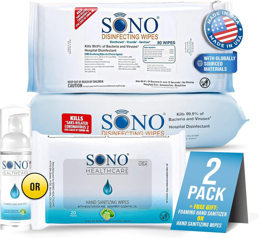 SONO Disinfecting Wipes - 160 Count (Pack of 2) + Sanitizer, Medical-Grade, Alcohol-Free, No Bleach, Gentle & Effective Multi-Surface Cleaning Solution, Larger Sheets
