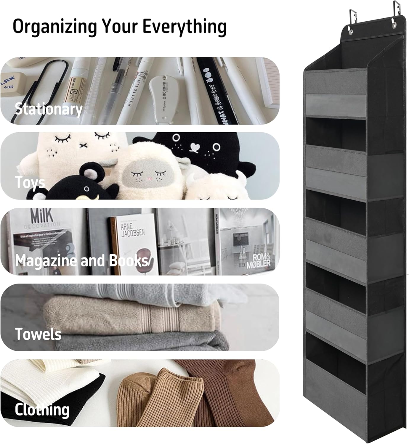 Over Door Organizer with 5 Large Pockets, Heavy Duty Hanging Organizer Storage, Closet Bathroom Nursery Bedroom Dorm, Toys Cosmetics Sundries and Baby Essentials, Black