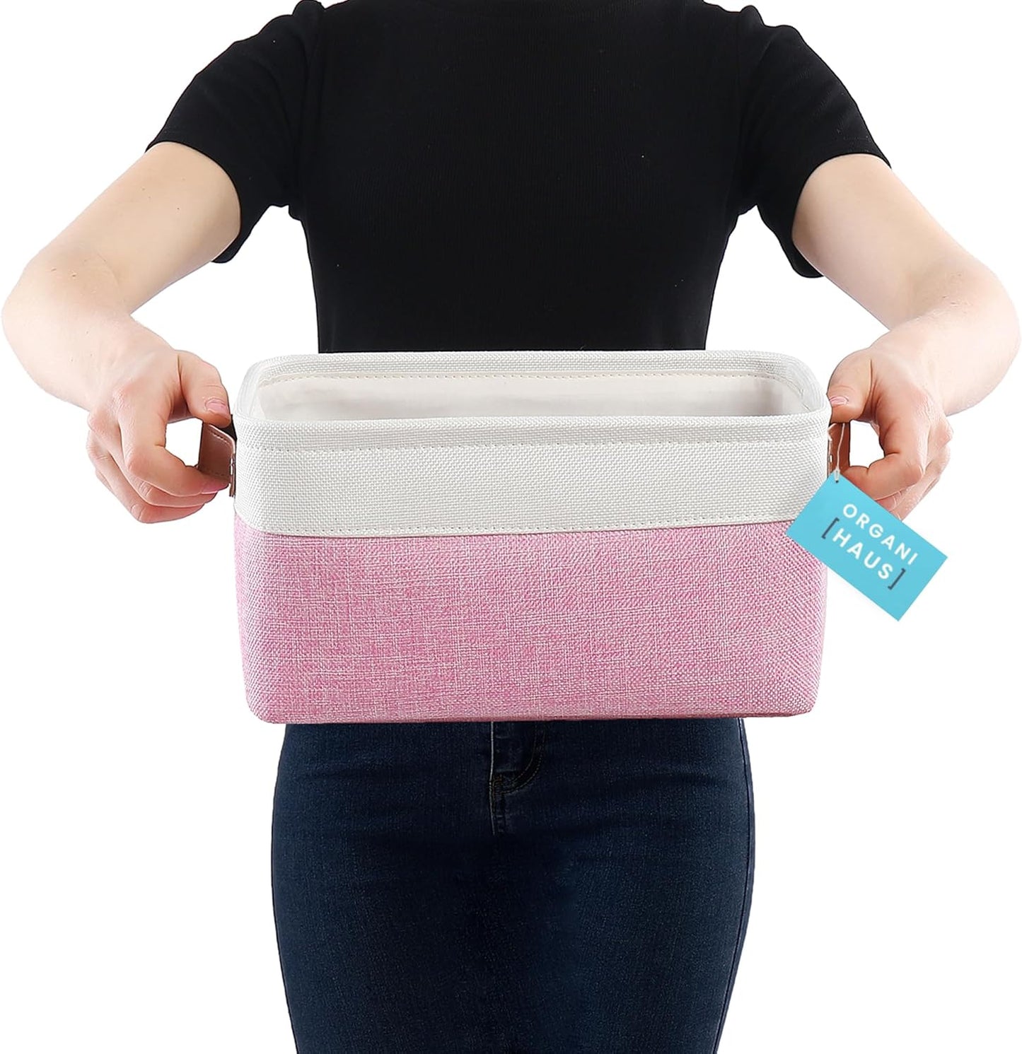 OrganiHaus Small Fabric Storage Bins for Shelves 6 Pack, 12x8in Closet Storage Bins for Shelves, Cloth Baskets for Organizing, Linen Closet Organizers, Fabric Basket, Pink/White