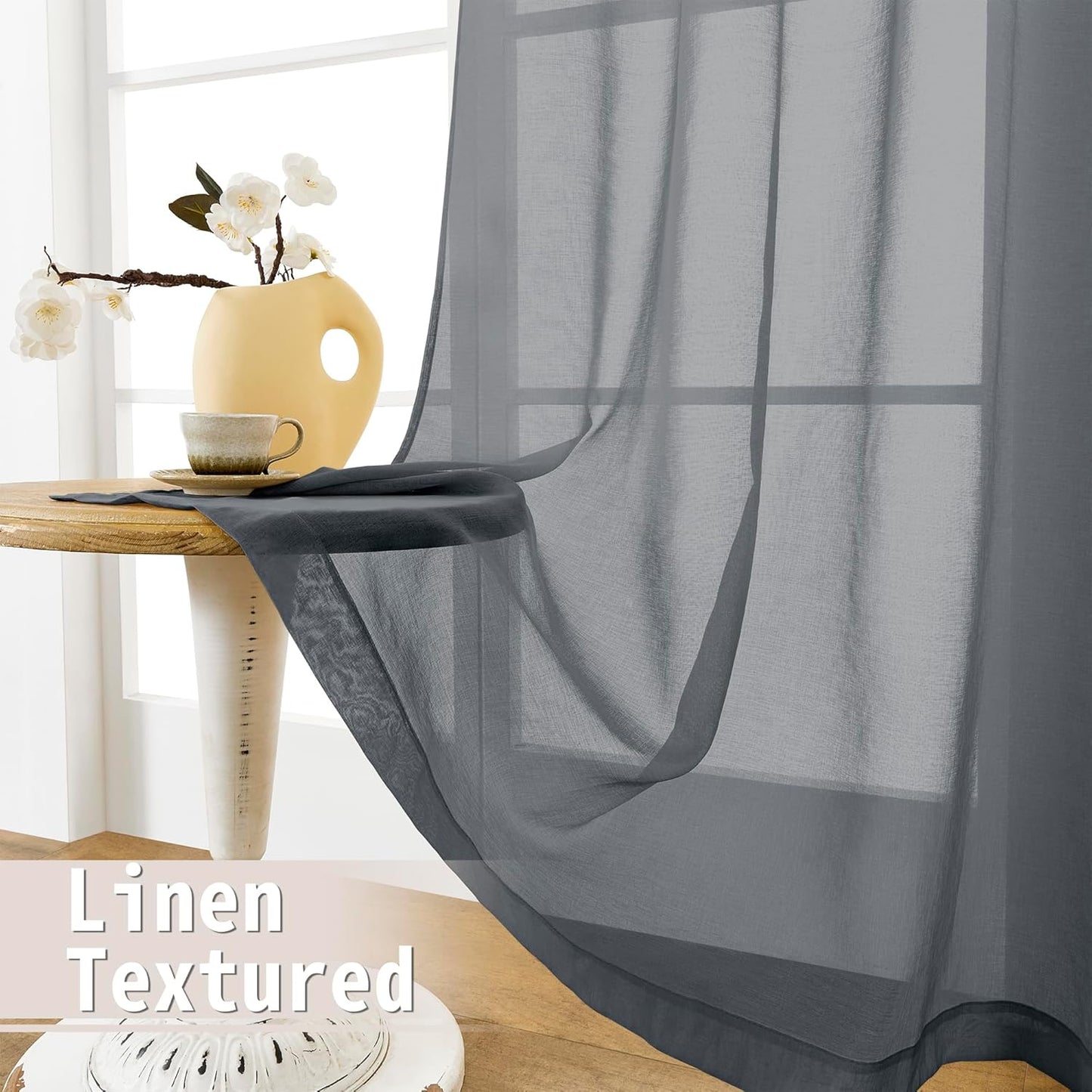 Tollpiz Sheer Door Curtains Closet Linen Textured Curtains Sheer Doorway Light Filtering Voile Rod French Door Pocket Curtain Patio Glass Door, 25 x 72 inches Long, Dark Grey, Set of 1 Panel