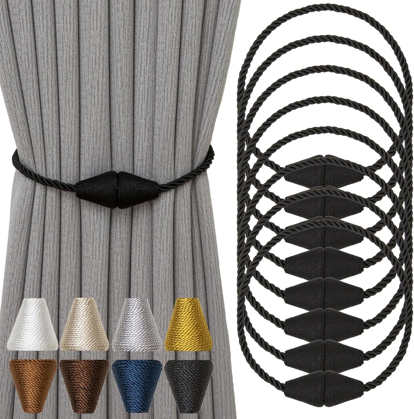 Magnetic Curtain Tiebacks 8 Pack Outdoor Rope Curtain Tie Backs Decorative Window Treatment Holdbacks for Home Decorative Curtain, Black