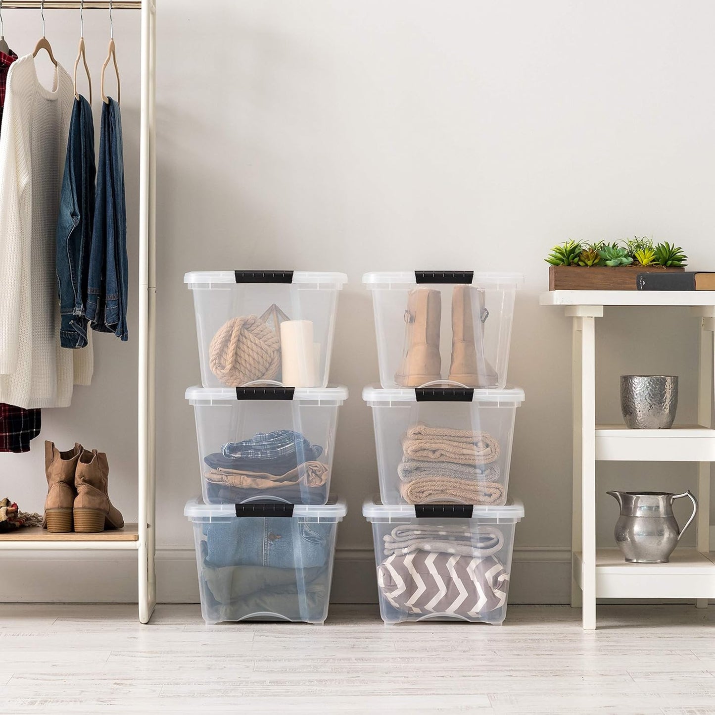 IRIS USA 32 Qt Stackable Plastic Storage Bins with Lids, 6 Pack - BPA-Free, Made in USA - See-Through Organizing Solution, Latches, Durable Nestable Containers, Secure Pull Handle - Clear