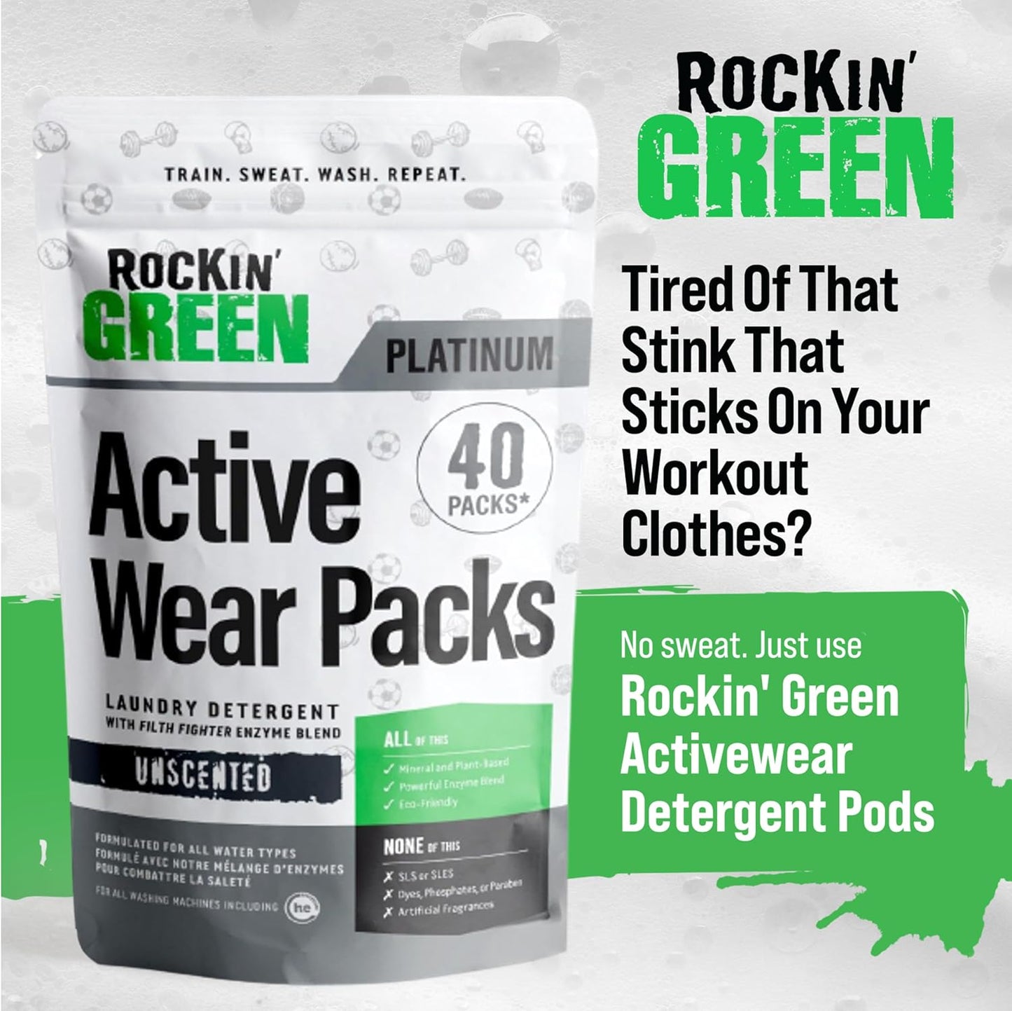 Rockin' Green Laundry Detergent Pods, Plant-based, All Natural, Vegan & Biodegradable Odor Fighter, Safe for Sensitive Skin (Unscented, Active Wear 40 Pods)