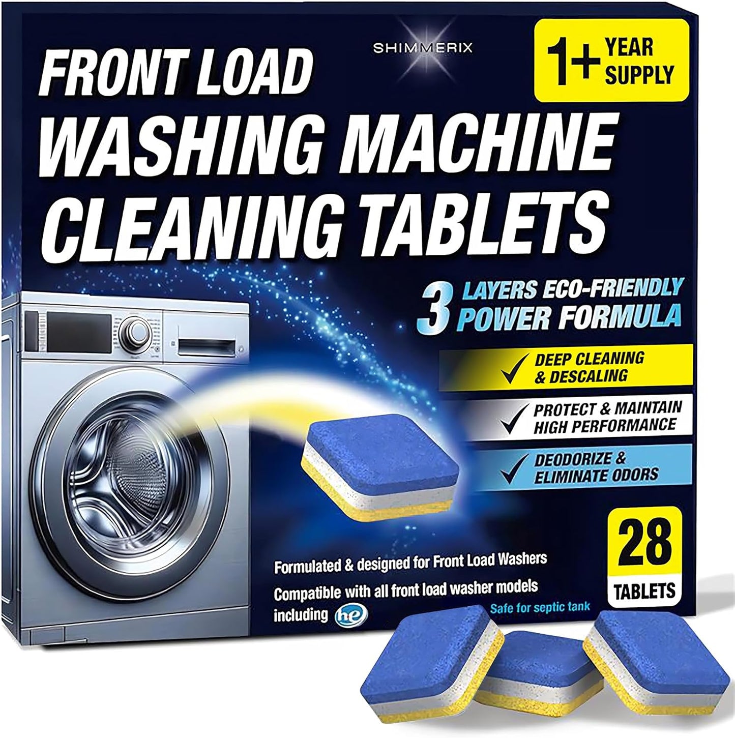 Washing Machine Cleaner Descaler 28 Pack - Designed for Front Loader Washer - Deep Cleaning Tablets For HE, Septic Safe Eco-Friendly Deodorizer, Clean Inside Drum & Laundry Tub Seal - 14 Month Supply
