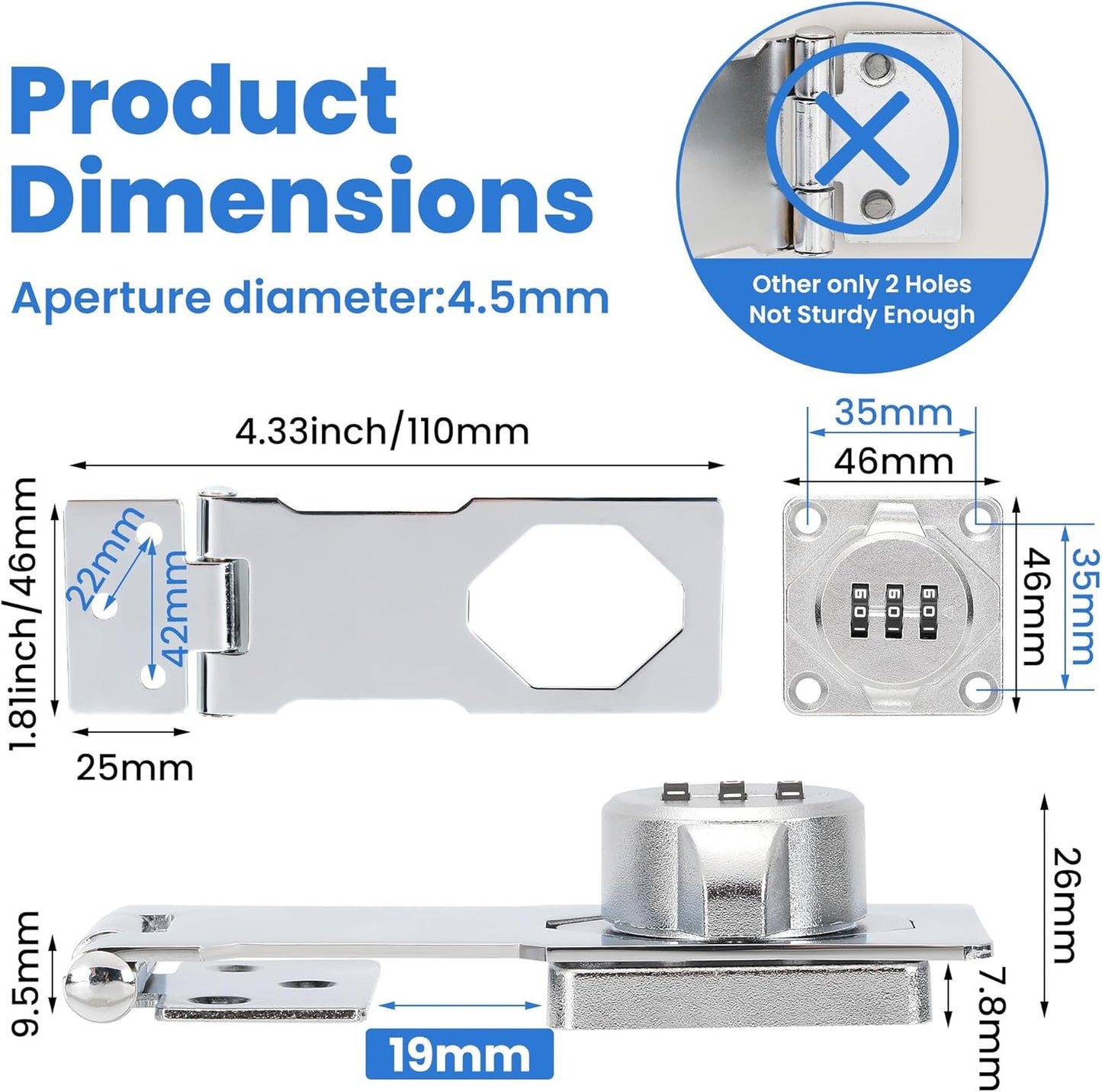 Keyless Cabinet Lock with Combination Code - 3-Digit Password Hasp Latch Lock for Drawers, Bifold Closet Door and Double Sided Door (Silver, 4.5 Inch)