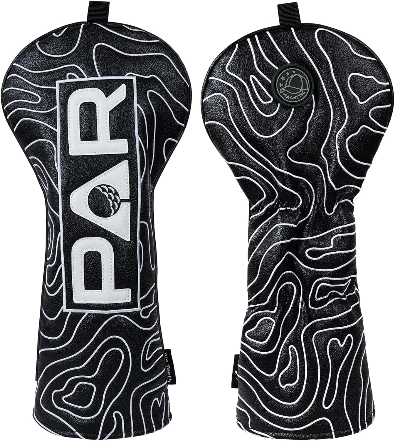 Big Teeth Golf Club Covers Full Set Driver Headcover Fairway Wood Hybrid Golf Club Iron Head Covers, Topographic Edition Putter Cover Leather Golf Head Covers Pure Black, Gifts for Men