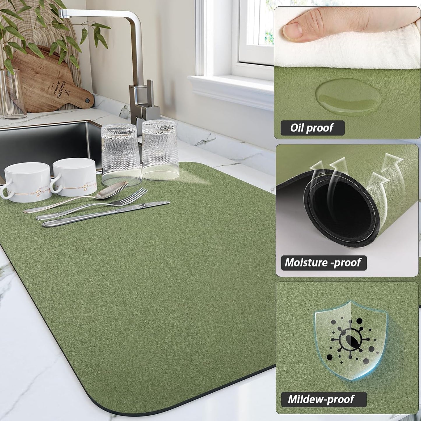 Dish Drying Mat for Kitchen Counter, Heat Resistant Drainer Mats with Non-slip Rubber Backed, Hide Stain Kitchen Super Absorbent Draining Mat, Easy to Clean Dish Rack Pad, Green 18"x32"