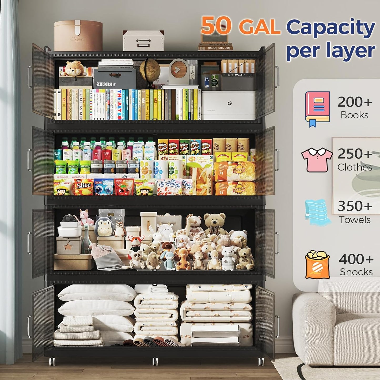 200GAL Extra Large Storage Bins with Lid, 800QT Collapsible Organizer with Wheels, Stackable Closet Cabinet with Doors, Folding Storage Containers for Home, Office, Dorm, 4Pack Black