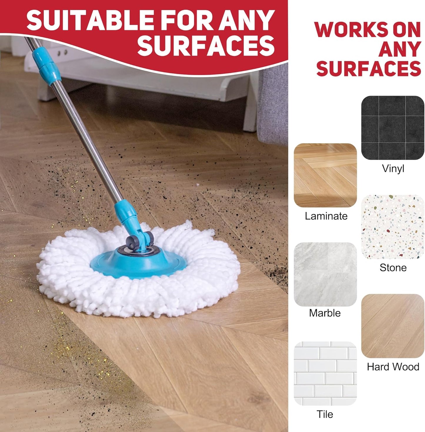 4-Pack White Mop Replacement Heads with 1 Spin Mop Scrub Brush - Microfiber Replacement Mop Heads Universal for 360°Spin Magic Mopping,Round Shape Standard Size