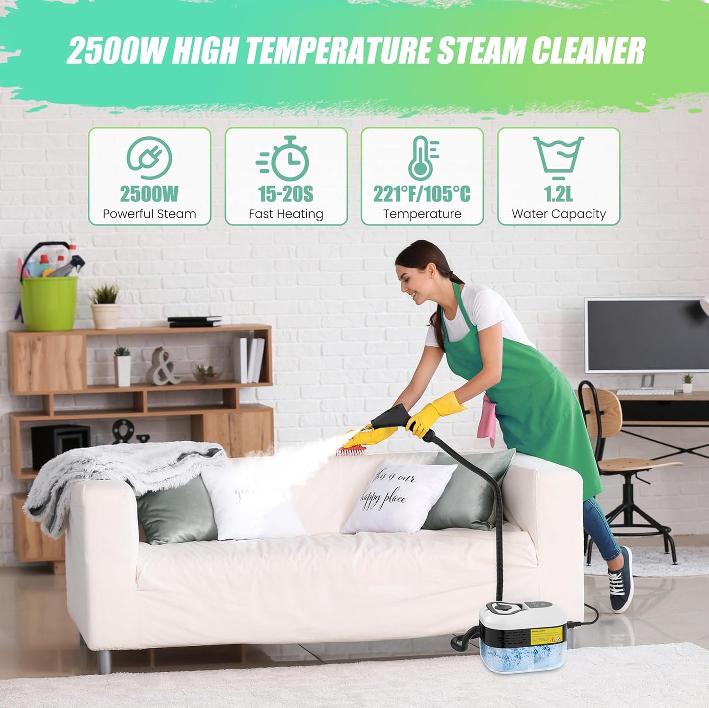 2500W Steam Cleaner for Home Use, 6-level Speed Adjustable Handle, 1.2L Handheld Car Steam Cleaner for Home Car Kitchen Furniture Floor, High Pressure Steam Machine with 4 Brush Heads White