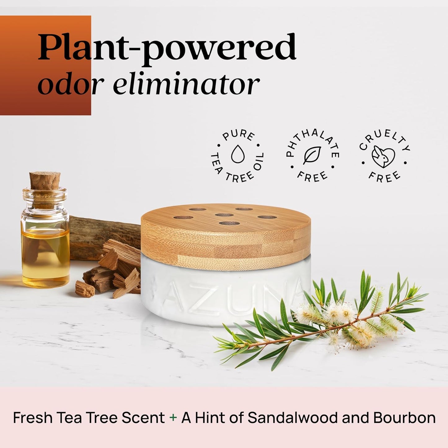 Azuna Air Freshener & Odor Eliminator for Strong Odor | 1 Room Kit Includes (1) Empty Luxe Glass Jar & 8oz Refill with Tea Tree Essential Oil Gel | Sandalwood | Last 60-90 Days